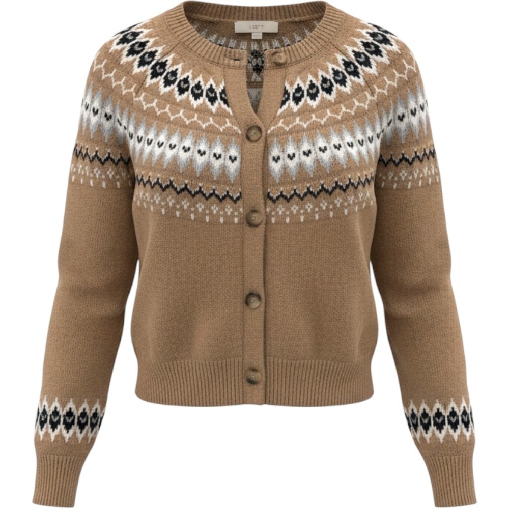 LOFT Women Camel Brown Fair Isle Cardigan Sweater Button M Nordic cabincore